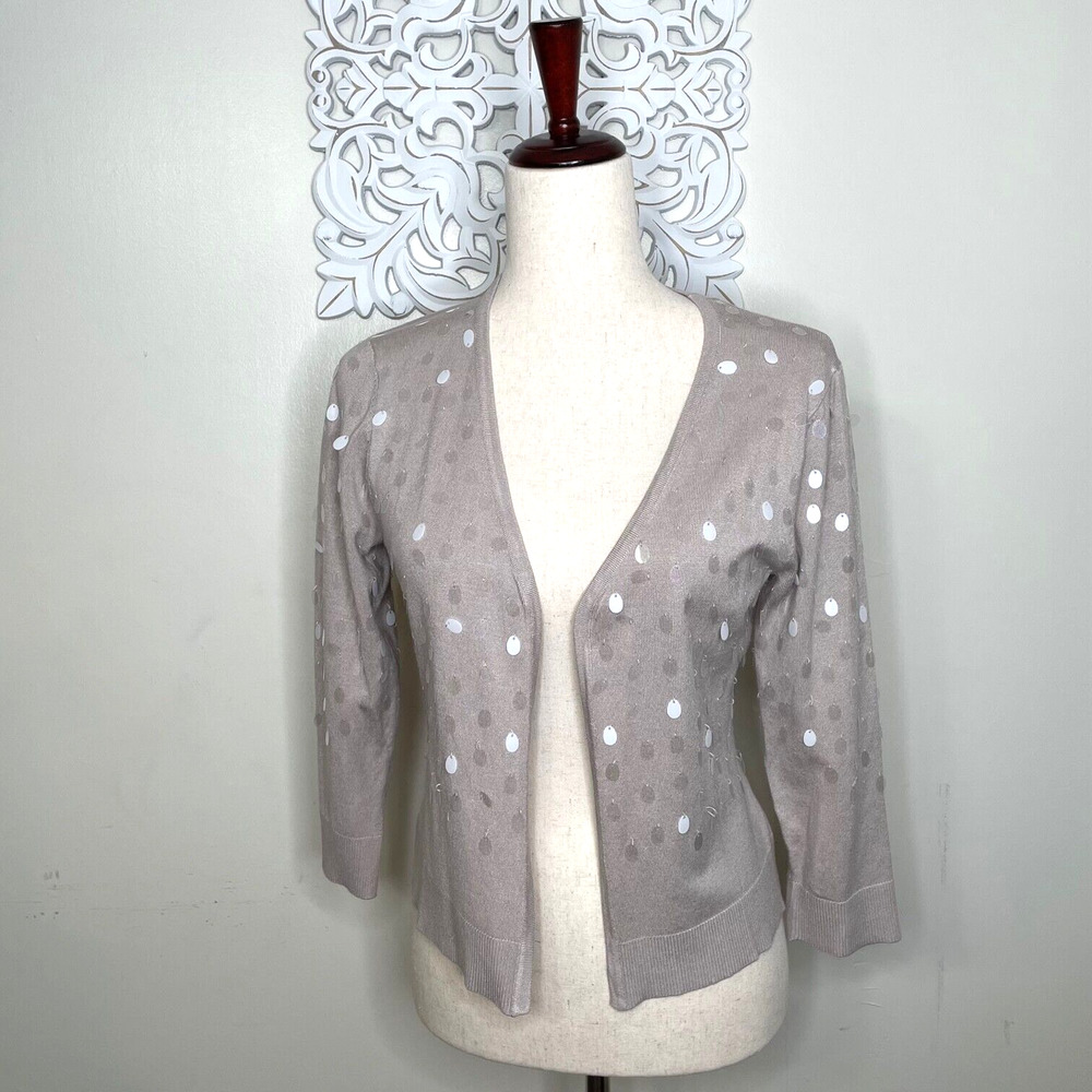 CARMEN Marc Valvo size M Sweater Cardigan w/ Clear & Opaque Sequins Beige